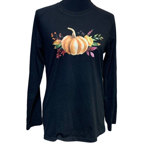 Hand Printed Small Upcycled Pumpkin Autumn Fall Flower Long Sleeve Tee T-Shirt - Picture 1 of 3